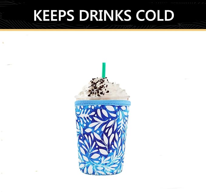 YR Reusable Neoprene Insulator Sleeve for Iced Coffee Cups, 3 Pack Coffee Coolies sleeves for Iced & Hot Drinks, Cold Beverage Cooler Compatible with Starbucks Coffee and More (Blue Leaves)