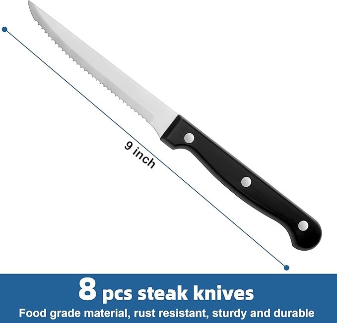 Steak Knives Set of 8, Sharp Triple Rivet Steak Knife Sets, High-Carbon Stainless Steel Serrated Blades, Ergonomic Handles Serrated Steak Knives, Dinner Knife for Kitchen Restaurant, Dishwasher Safe