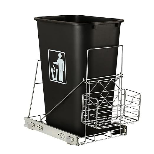 Nuoex Pull Out Trash Can Under Cabinet, Fit Most 7-11 Gallon Garbage Can, Slide Roll Out Rack for Kitchen Trash Can, Under Cabinet Sink Waste Bin Pull Out Slider with Basket (Waste Bin Not Included)