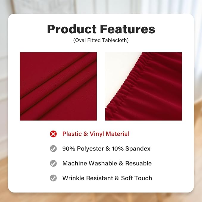 NEWISHER Fitted Oval Tablecloth 48 x 68 Inch Elastic Table Cloth, Stretch Spandex Table Cover Burgundy Washable Polyester Top Cap Cover for Dining Picnic Camping Indoor and Outdoor