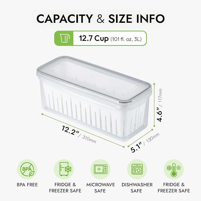 carrotez 12.7 Cup Produce Saver Container for Fridge with White Colander, Airtight Fruit & Vegetable Storage Bin, Removable Strainer Basket, BPA-Free, 3.0L