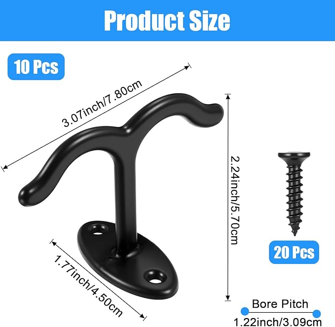 10 Pcs Under Shelf Hooks, Zinc Alloy Double Prong Under Cabinet Hooks for Hanging Mugs, Cups, Towels, Plants, Kitchenware, Keys, Black Ceiling & Wall Mount Organizer
