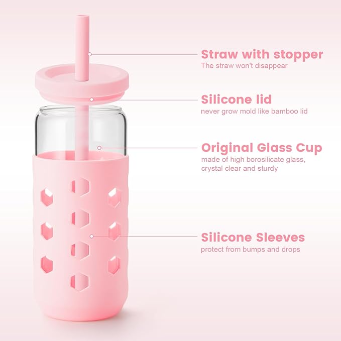 Mrsdry 20 oz Glass Cups With Lids and Straws, 4-Pack Iced Coffee Cup - Smoothie Cup With Silicone Lid and Sleeve for Coffee Bar Accessory, Cute Drinking Glasses Set Reusable Glass Tumbler for Gifts