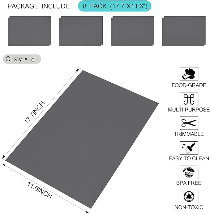 8 Pcs Refrigerator Liners Mats Washable, Refrigerator Mats Liner Waterproof Oilproof, Shinywear Fridge Liners for Shelves, Cover Pads for Freezer Glass Shelf Cupboard Cabinet Drawer (8 Gray)