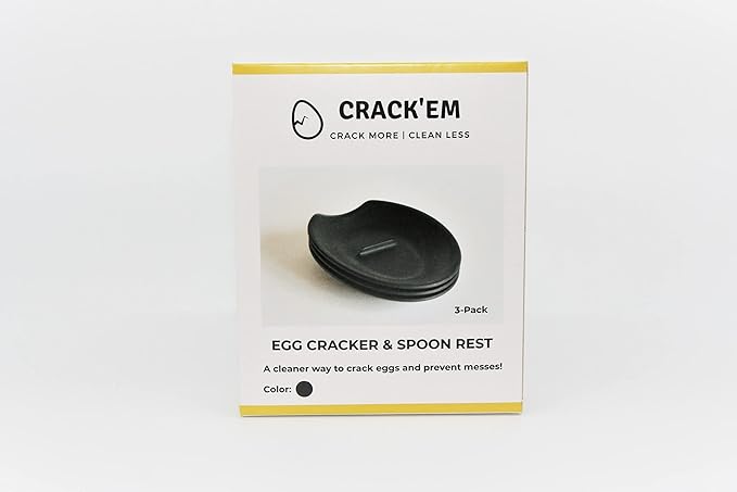 THE ORIGINAL Crack'em Egg Cracker & Spoon Rest (Black 3-Pack) - Perfectly Cracks Eggs & Contains Messes - Easy to Use & Clean - Great for Kids - Prevents Broken Yolks