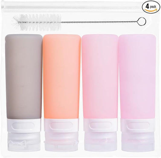 MICEBAY Condiment Squeeze Bottles for Sauces, 3-oz Mini Silicone Salad Dressing Container to Go with Snack Storage Bag, Leakproof Sauce Bottles for Lunch Box, 4 Pack, Pink