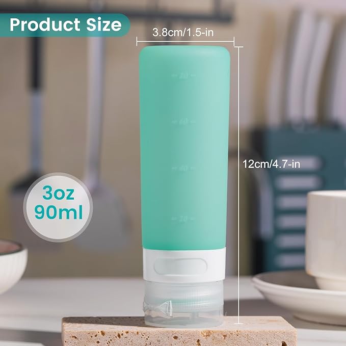 MICEBAY Condiment Squeeze Bottles for Sauces, 3-oz Mini Silicone Salad Dressing Container to Go with Snack Storage Bag, Leakproof Sauce Bottles for Lunch Box, 4 Pack, Mint