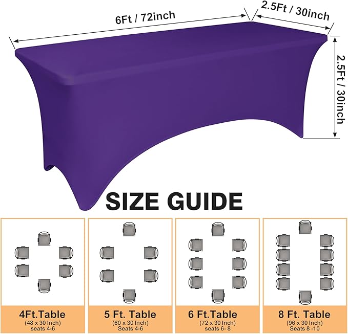 6 Pack 6 Feet Purple Spandex Tablecloth for Rectangular Tables, Fitted & Stretch, Washable, Wrinkle Resistant, Perfect for Event, Wedding, Party, Banquet, Cocktail, Festival, and Table Protector