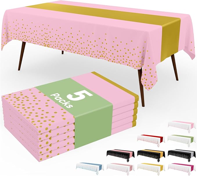 Smiry Plastic Table Cloth Disposable 5 Pack, 54 x 108 Inch Rectangle Waterproof Tablecloth, Printed Gold Table Runner Style for Birthday Weeding, Party Decorations, Leakproof & Sturdy, Pink and Gold