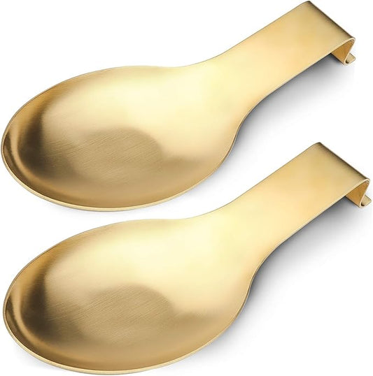 Stainless Steel Spoon Rest, Spatula Ladle Holder, Stainless Steel Utensil Spoon Rest Holder, Brushed Finish, Dishwasher Safe 9.8 x 3.7 Inch (Gold 2PCS)