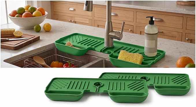 Silicone Kitchen Sink Splash Guard Faucet Mat with Deep Storage Trays,for Sponge Brush,Sloped Draining, Countertop Protector,For Tidy Homes,Renters,Bonus Sponge
