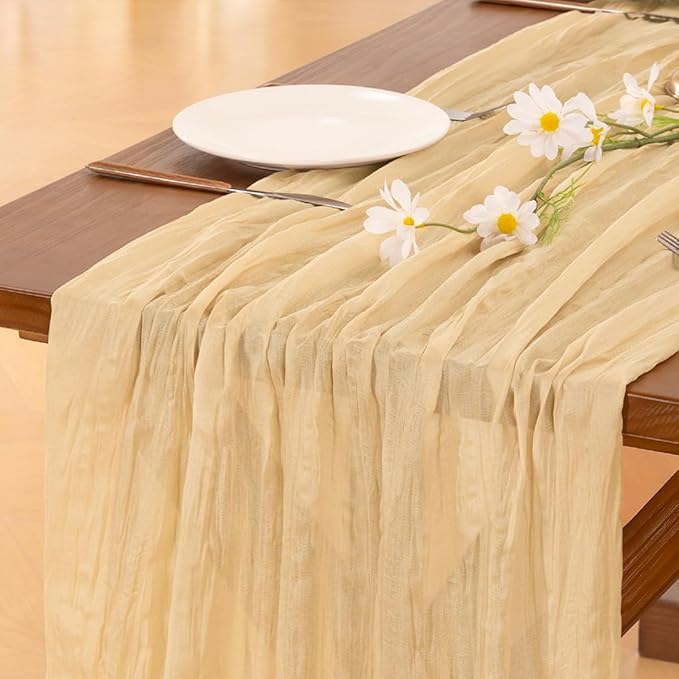 Socomi 3pcs Gold Champagne Cheesecloth Table Runner Summer Boho Rustic Gauze 120 inch 10FT Cheese Cloth Sheer Runner for Wedding Party Baby Shower Birthday Home Decor Holiday Decorations