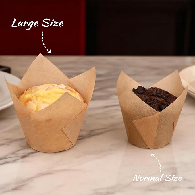 100pcs Extra Large Size Tulip Cupcake Liners for Baking Cups, Food Grade Parchment Paper Large Muffin Liners Holders, Greaseproof Cup cake Wrappers for Party, Christmas by Neyimqr (Natural)