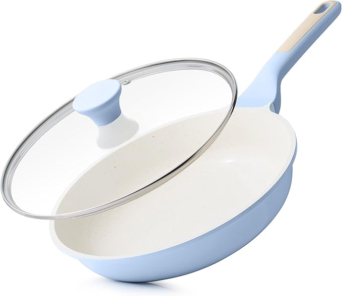 SENSARTE Nonstick Ceramic Frying Pan with Lid 8 Inch Omelette Pan Skillet, Free of Intentionally Added PFAS/PTFE Non-toxic Chef's Pan Induction Compatible Pan, Heat Resistant Handle, Glacier Blue