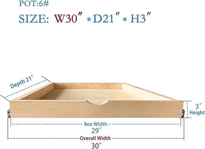 Kitchen Cabinet Organizer, Fully Assembled Drawer Wood Pull Out Tray Drawer Box Cabinet Slide Out Shelve, Wooden Pull-Out Shelf (W30''×D21''×H3'')