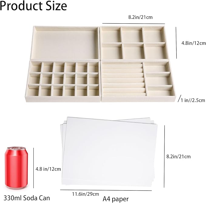 Velvet Jewelry Organizer for Drawer, Stackable Jewelry Drawer Inserts in Dresser, 8in Beige Storage Display Case for Rings Stud Necklaces Accessories, Set of 8