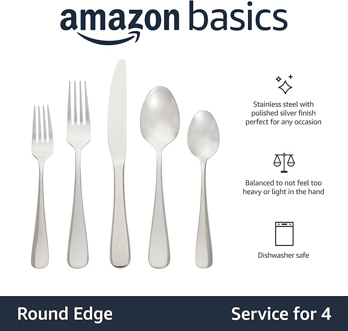 Amazon Basics Silverware Set, Stainless Steel Flatware, Dishwasher Safe, Service for 4, 20-Piece Forks and Spoons, Round Edge, Everyday Use (Pack of 2)
