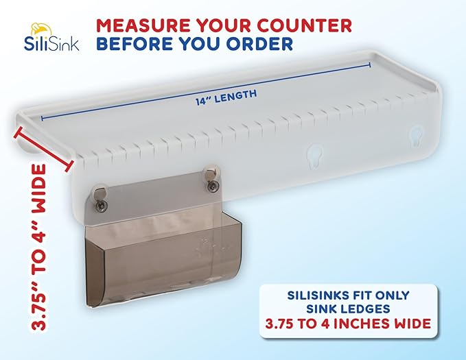SiliSink Silicone Edge Guard for Kitchen Sink - Fits 3.75” - 4” Wide - The Original Silicone Sink Edge Protector with Sponge Caddy - Splash Guard, 14” Frosted Matte