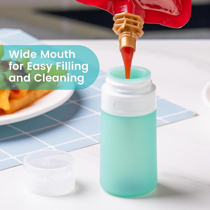 MICEBAY Condiment Squeeze Bottles for Sauces, 2-oz Mini Silicone Salad Dressing Container to Go with Snack Storage Bag, Leakproof Sauce Bottles for Lunch Box, 4 Pack, Mint