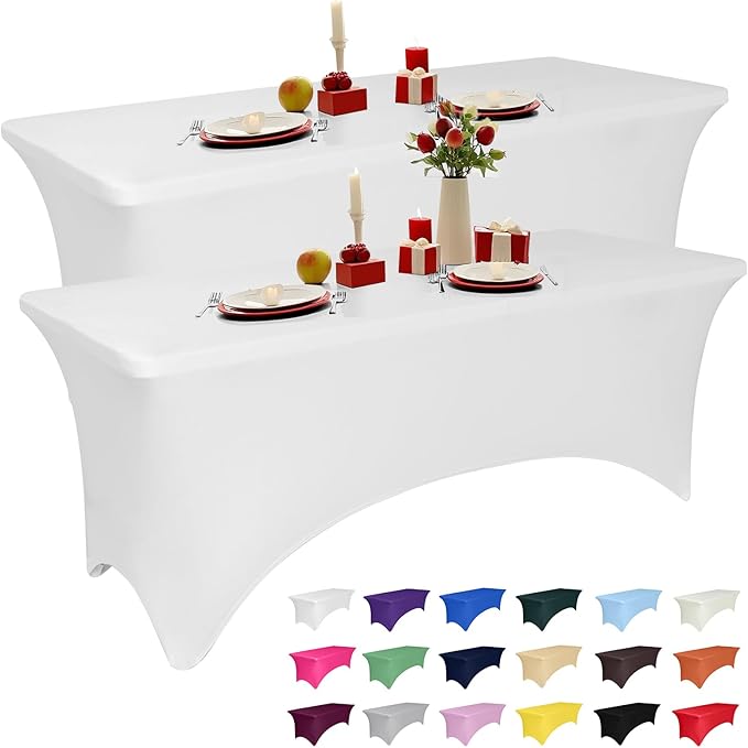 2 Pack 4 Feet White Spandex Tablecloth for Rectangular Tables, Fitted & Stretch, Washable, Wrinkle Resistant, Perfect for Event, Wedding, Party, Banquet, Cocktail, Festival, and Table Protector
