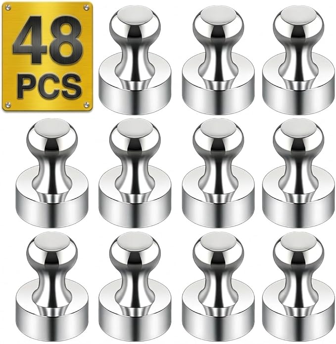 Metallic Magnets, Refrigerator Magnets, 48 Pack Silver Magnetic Push Pins, Strong Fridge Magnets, Multi-use Whiteboard Magnets Perfect for Kitchen Office Classroom