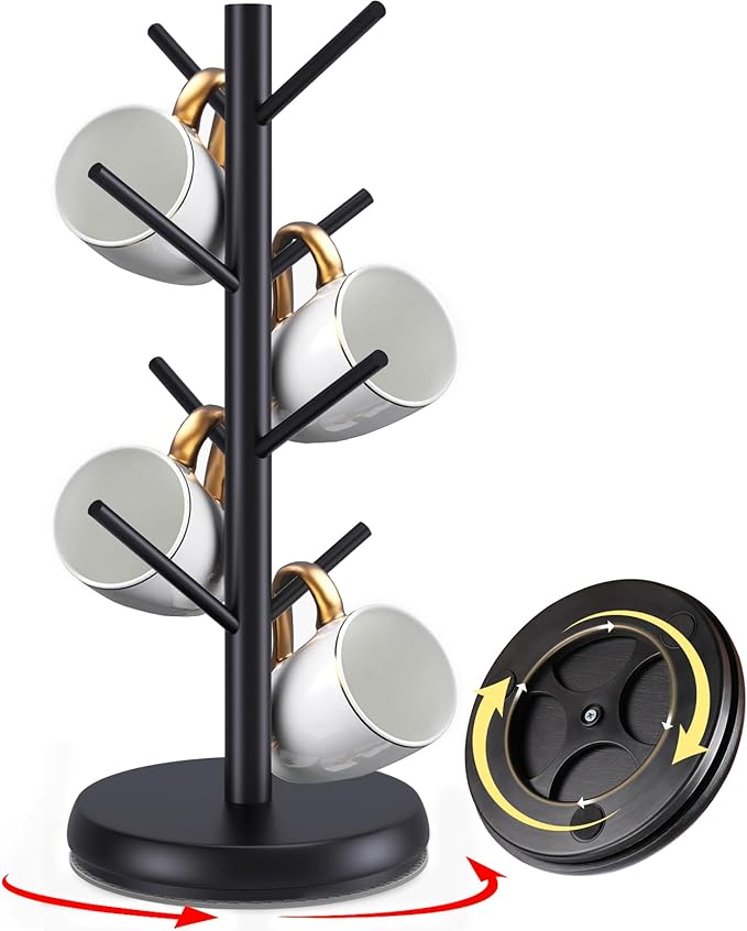 Mug Holder Tree,New Upgraded 360° Rotated 8 Hooks Coffee Cup Holder for Counter,Sustainable Wood Mug Rack Standing for Coffee Bar Accessories and Organizer Station(Black)