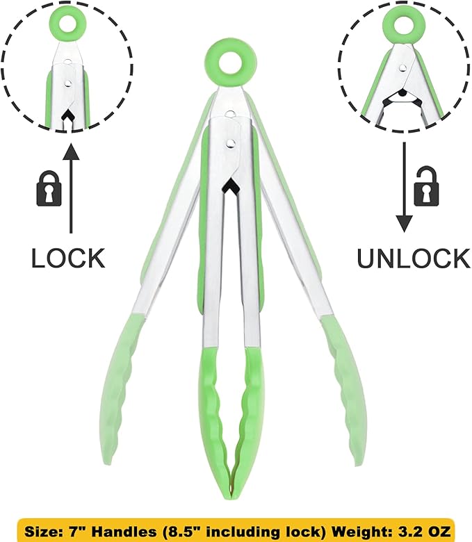 HINMAY Mini Tongs with Silicone Tips 7 Inches Silicone Cooking Tongs, Set of 3 (Green)