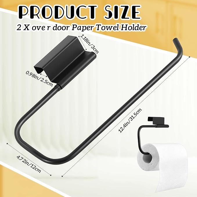12.4 Inches Cabinet Door Paper Towel Holder Camper Under Sink No Drilling Paper Towel Storage and Dispenser for RV Kitchen Bathroom Laundry Room, Stainless Steel(Black,2 Pcs)