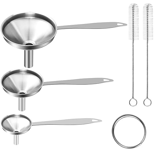 Large Small Funnel Set of 3, Food Grade Mini Funnels for Kitchen Use Filling Bottles Liquor Flask Tiny Spice Cooking Powder, 6Pcs Metal Stainless Steel Funnel (Long Handle), 2Pcs Cleaning Brushes YLYL