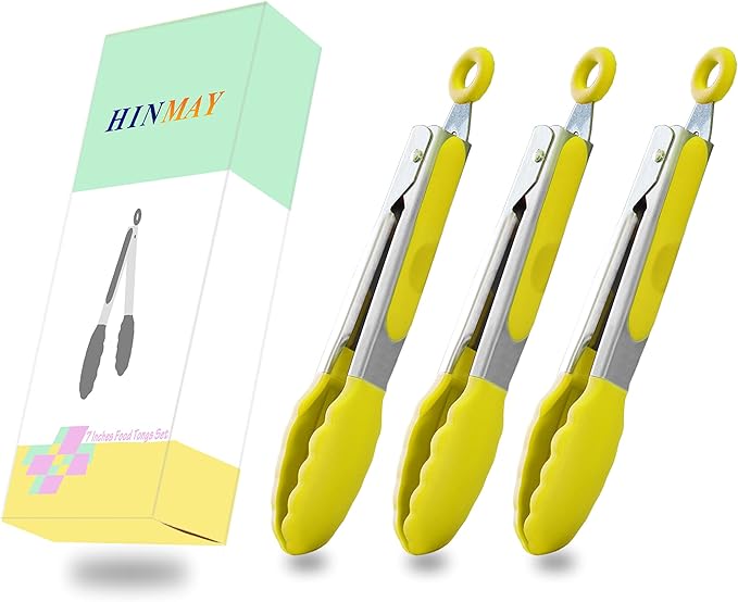 HINMAY Small Appetizer Tongs 7-Inch Silicone Tipped Kitchen Tongs, Set of 3 (Yellow)