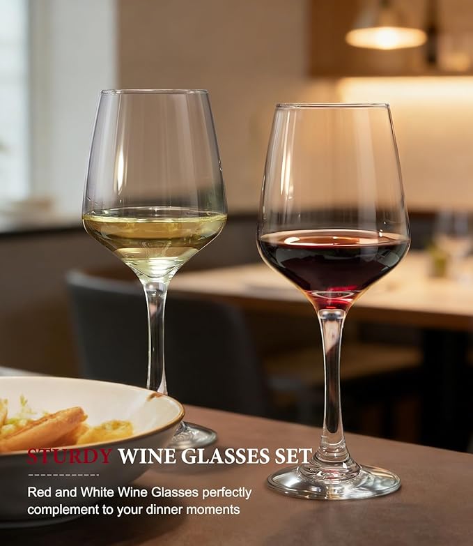 OJA Wine Glasses Set of 8, 12oz Red or White Wine Glasses, Thick, Clear, Long Stem Wine Glasses, Perfect for Party, Home, Restaurant, Bars, Wedding, Dishwasher Safe