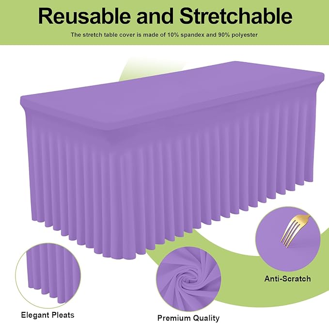 Smiry Spandex Tablecloth, Elastic Fitted Stretch Tablecloth for 8FT Rectangle Tables, Waterproof Washable Table Cover Skirt for Outdoor, Wedding, Banquet & Parties (Lavender, 96Lx30Wx30H Inch)