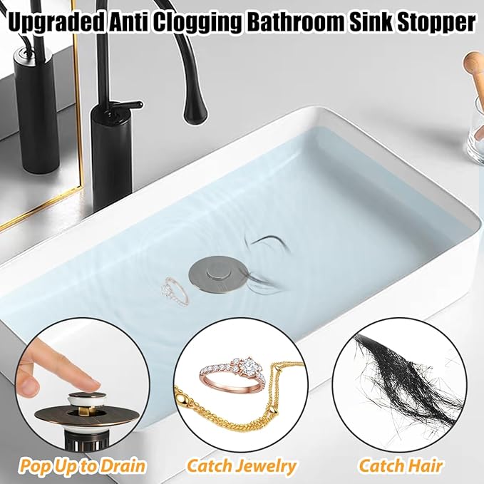 3 in 1 Pop Up Bathroom Sink Stopper, Bathroom Sink Drain Strainer, with Removable Basket Hair Catcher, Universal Sink Plug Cover for 1.06 in to 1.6 in Drain, Oil Rubbed Bronze