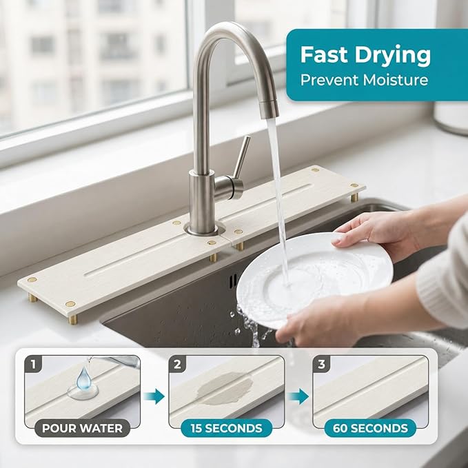 Stone Faucet Mat for Kitchen Sink, Water Absorbing Sink Tray Organizer for Bathroom Counter, Diatomite Soap Dish Coaster Caddy Riser, Sponge Holder Dispenser Mat, Gold White 23.6" x 4"