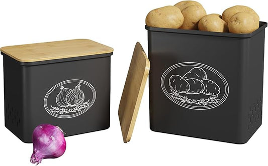 Lifewit Plastic Potato and Onion Storage Bin, Stackable Garlic Keeper with Aerating Holes and Lid, Vegetable Container Box for Pantry Countertop, Black, 24 x 18 x 24 cm/9.5 x 7 x 9.5 inch, Set of 2