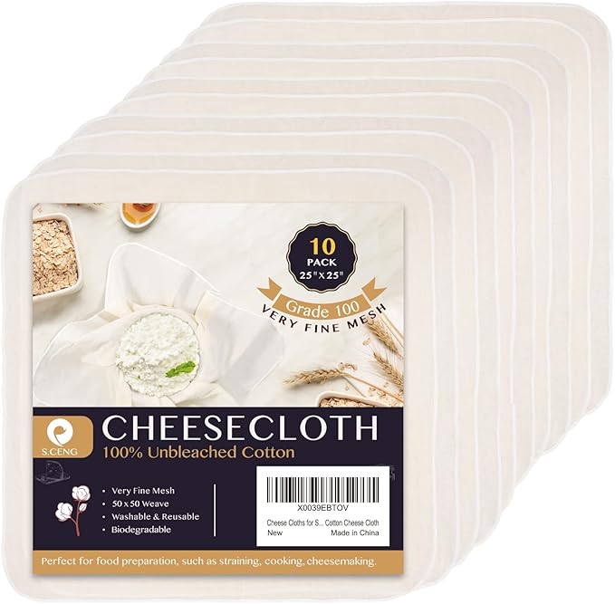 Precut Cheesecloth, 25 x 25'' 10 Pack, Grade 100, Ultra Fine Cheese Cloth for Straining & Cooking, 100% Unbleached Cotton Muslin Cloth for Making Cheese