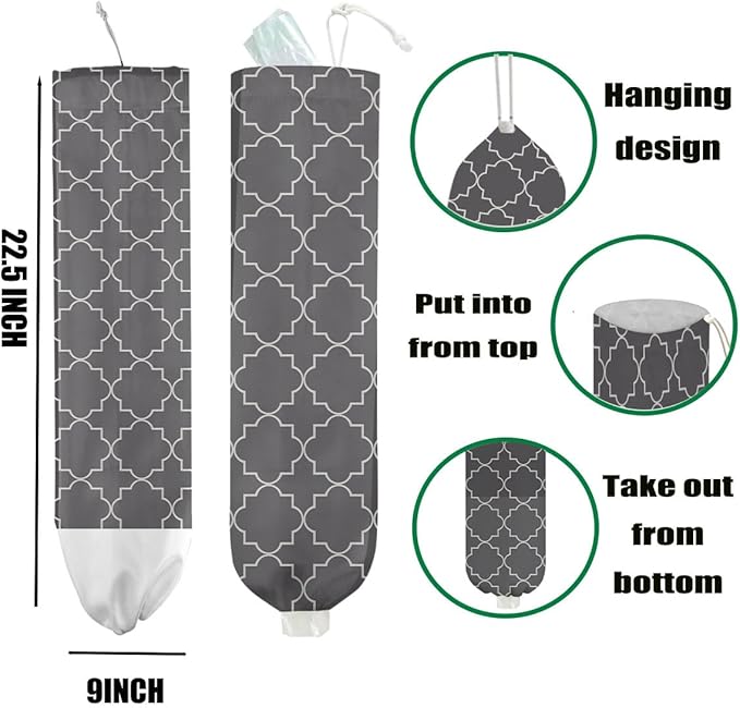 Dark Grey Plastic Bag Holder 22.5x9 Inch,Wall Mount Grocery Bag Holder for Plastic Bags,Reusable Grocery Bags Storage Dispenser,Home Kitchen Pantry Decor,Stylish Gray Gifts for Women Mom Grandma