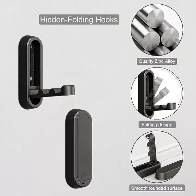 Gold Foldable Wall Hooks, Metal Foldable Hooks Wall Wount for Bathroom, Kitchen, Bedroom – Space-Saving, for Towels, Coats, Bags, Easy Installation (Black, 1PCS)