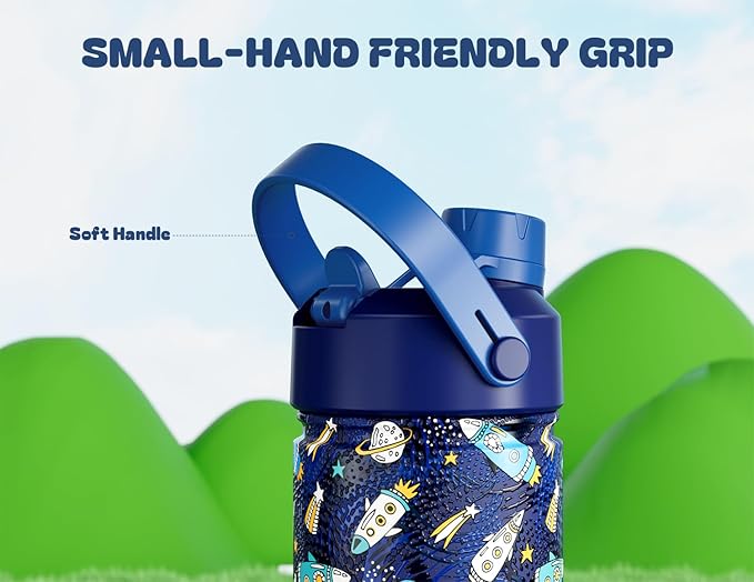 12 oz Kids Metal Water Bottle for School: Leakproof, Insulated Cup with Dual Straw Spout Lid, BPA-Free, Car Cupholder Friendly, 24H Cold for Camping, Sports, Birthday Gift for Boys, Son (Rocket Zoom)