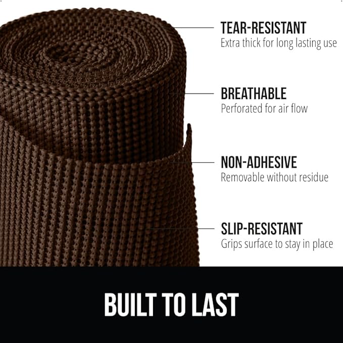 GORILLA GRIP powerGRIP Drawer Shelf and Cabinet Liner, Thick Strong Hold, Non-Adhesive Liners Protect Kitchen Cabinets and Cupboard, Bathroom Drawers, Easy Install, Breathable Mat, 17.5" x10', Brown