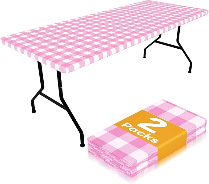 Smiry Picnic Table Cloth 2 Pack, Waterproof Elastic Fitted Tablecloths for 4FT Rectangle Tables, Washable Polyester Buffalo Plaid Tablecloth for Camping, Dining & Outdoor (Pink & White, 30" x 48")