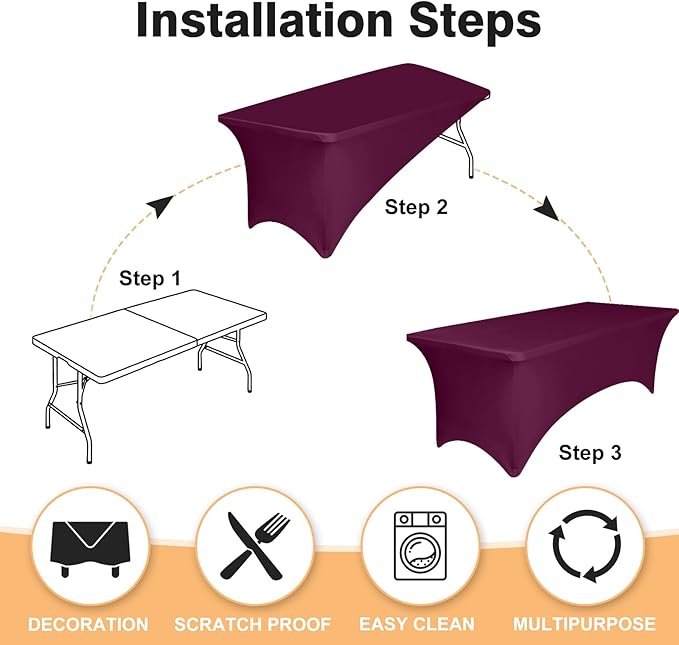 2 Pack 6 Feet Burgundy Spandex Tablecloth for Rectangular Tables, Fitted & Stretch, Washable, Wrinkle Resistant, Perfect for Event, Wedding, Party, Banquet, Cocktail, Festival, and Table Protector