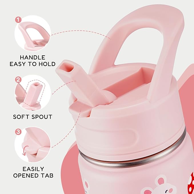 Fijinhom 12oz Water Bottle for School, Bottles with Straws, Stainless Steel Vacuum Insulated Water Bottle, Leak-Proof, BPA-Free, Pink Rabbit