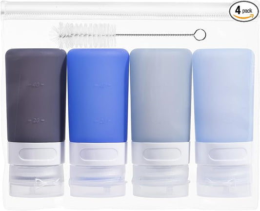MICEBAY Condiment Squeeze Bottles for Sauces, 2-oz Mini Silicone Salad Dressing Container to Go with Snack Storage Bag, Leakproof Sauce Bottles for Lunch Box, 4 Pack, Blue