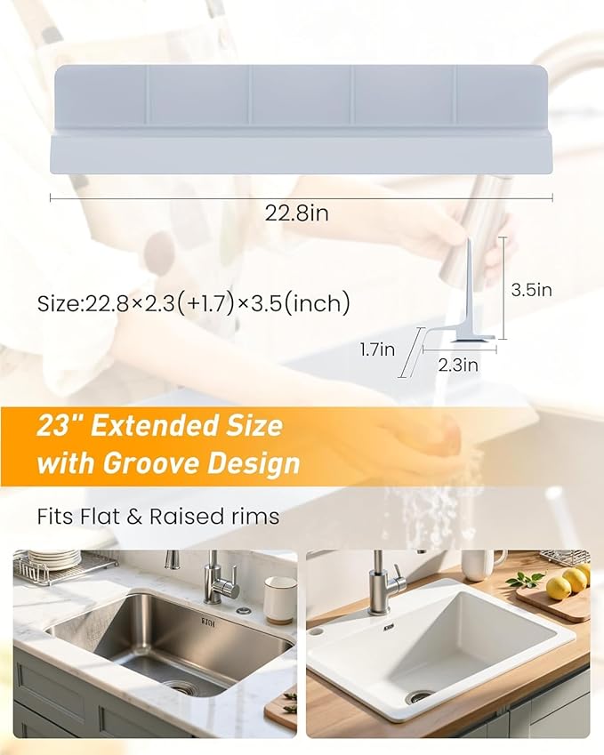 Kitchen Sink Splash Guard 18" Silicone Water Guard with Strong Suction Cups, Faucet & Countertop Protector, Bathroom & Sink Edge Splash Guard Strip, Easy Install, Dishwasher Safe-Grey