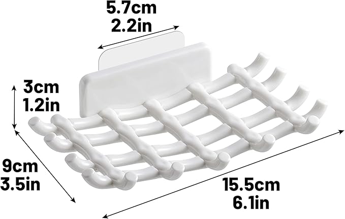 Soap Bar Holder for Shower Wall, Self Draining Soap Dish with Hooks, No Drilling, Bathtub Kitchen Sink Waterproof Adhesive Wall Mounted Dish (2 Pack, White)