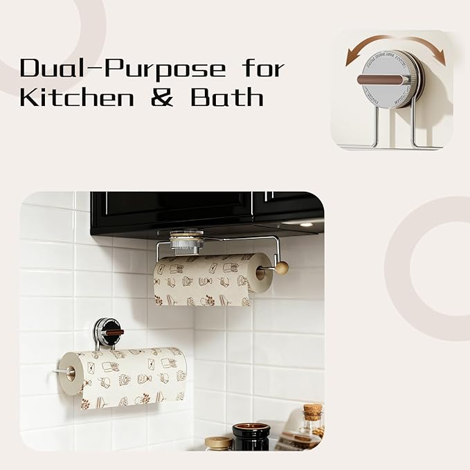 Removable Suction Cup Paper Towel Holder, Suction Towel Holder, Wooden Paper and Stainless Steel Paper Towel Holder for Under Cabinet, Bathroom (2-Pack: 1 Natural Wood Color, 1 Walnut Color)