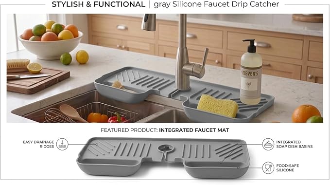 Silicone Kitchen Sink Splash Guard Faucet Mat with Deep Storage Trays,for Sponge Brush,Sloped Draining, Countertop Protector,For Tidy Homes,Renters,Bonus Sponge
