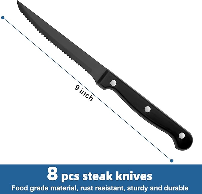 Black Steak Knives Set of 8, Sharp Triple Rivet Steak Knife, High-Carbon Stainless Steel Serrated Blades, Ergonomic Handles Serrated Steak Knives, Dinner Knife for Kitchen Restaurant, Dishwasher Safe