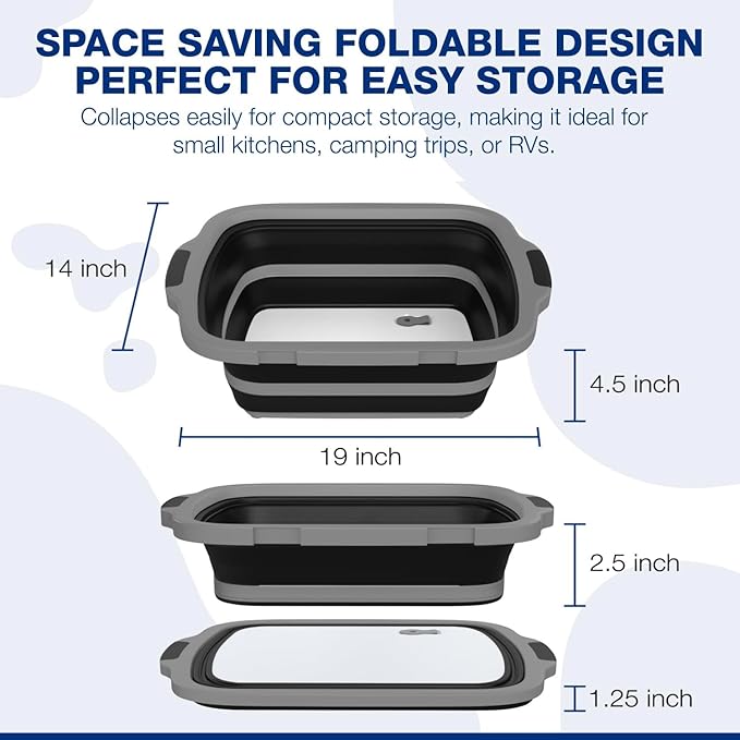 2-Pack XL Collapsible BBQ Prep Tub with Built-In Cutting Board, Lid & Strainer – Marinate, Drain & Prep – Large Food-Safe Container – Perfect for Grilling, Smoking & Outdoor Cooking (Black)